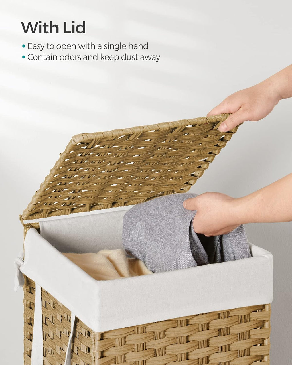 SONGMICS Laundry Hamper - 17.2 Gallon Synthetic Rattan Basket with Lid & Handles | Foldable, Goose Yellow