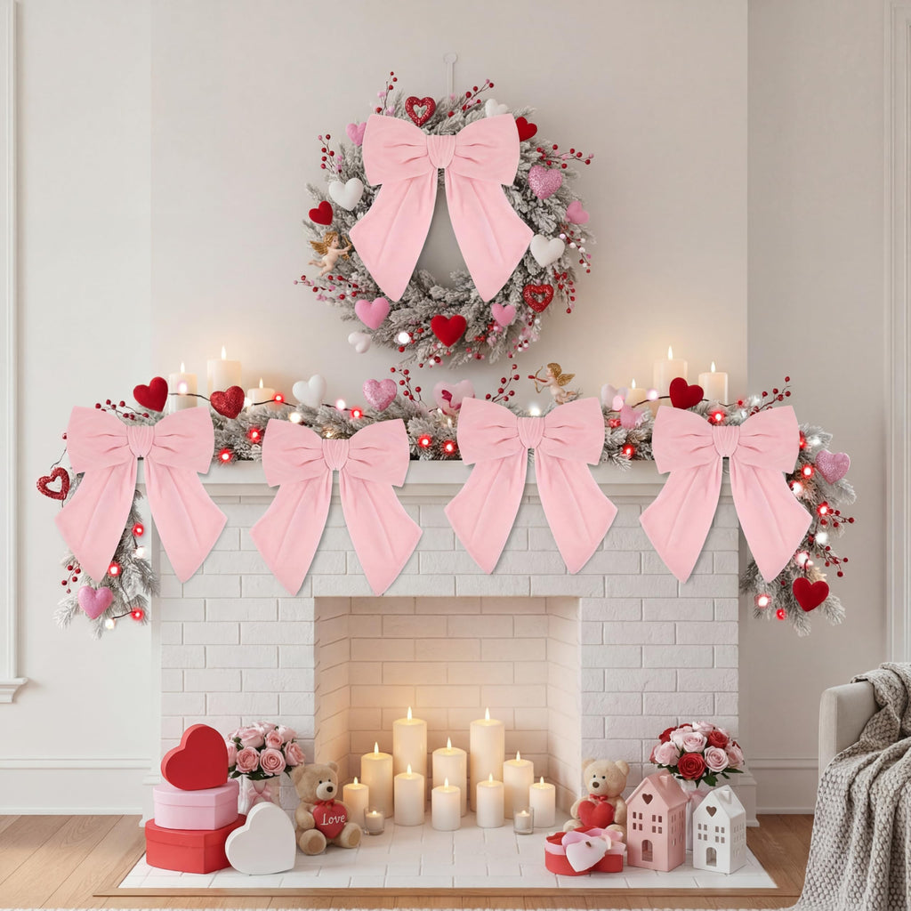 Riceshoot 5 Pcs Valentine's Day Velvet Bows 11'' x 16'' Large Velvet Ribbon Bow for Wreaths Pre-Tied Bowtie for Valentines Gift Wrapping Romantic Festive Party Decoration(Light Pink)