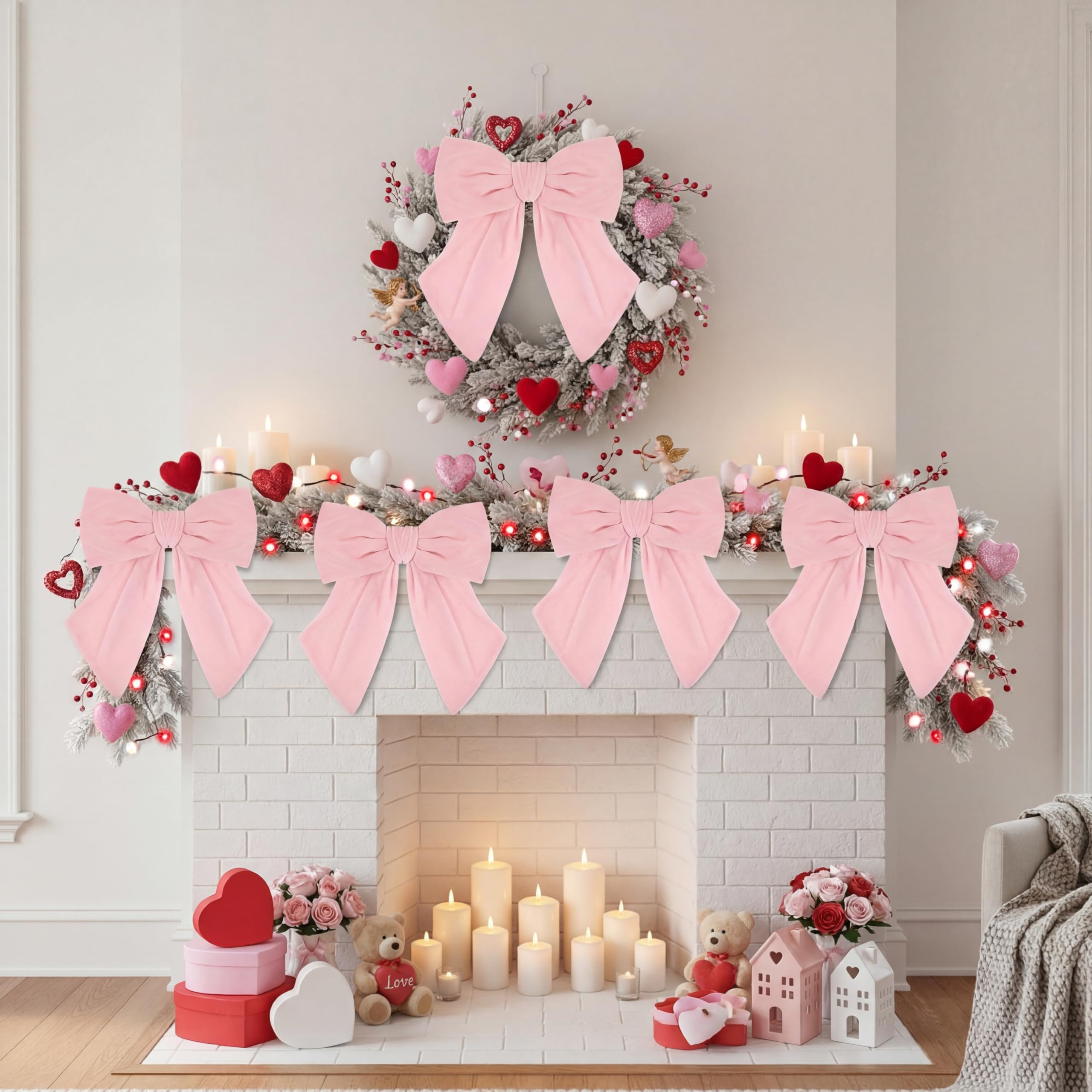 Riceshoot 5 Pcs Valentine's Day Velvet Bows 11'' x 16'' Large Velvet Ribbon Bow for Wreaths Pre-Tied Bowtie for Valentines Gift Wrapping Romantic Festive Party Decoration(Light Pink)