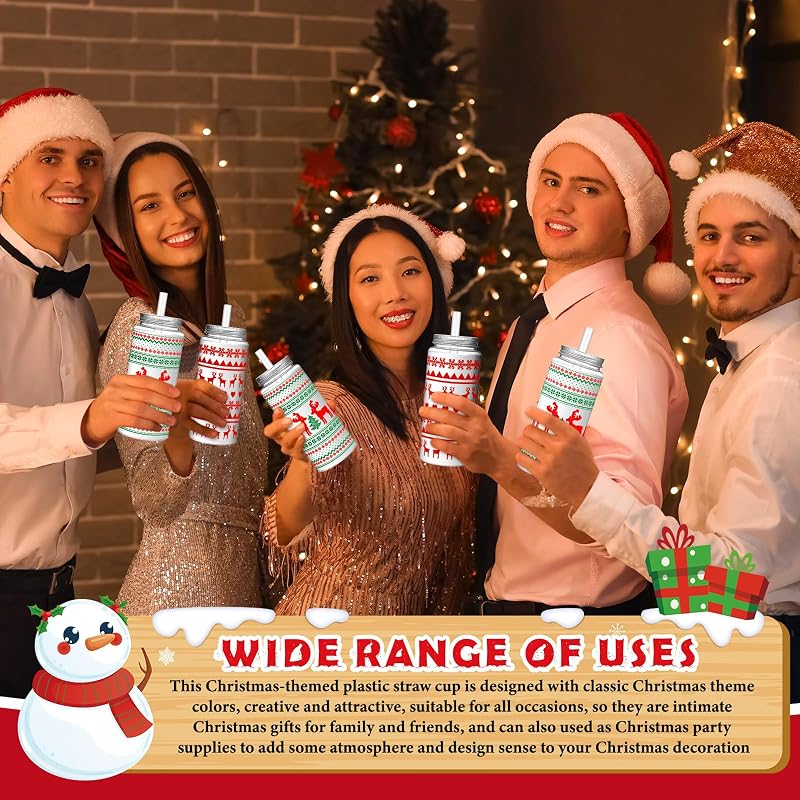 Elk Christmas 24 Pcs 13.5 oz Reusable Plastic Cups with Lids & Straws - Variations Included