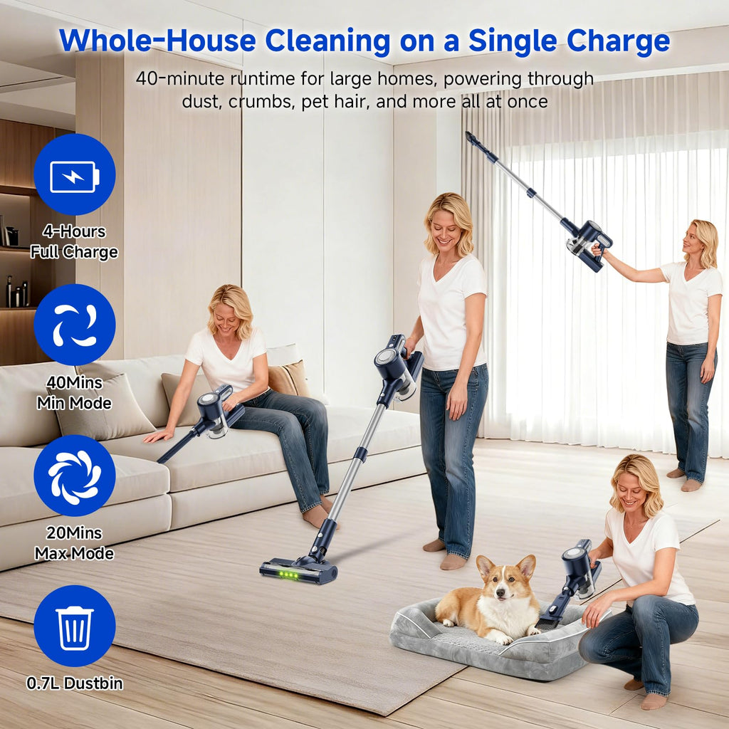 Clinkal Cordless Vacuum Cleaner - 6-in-1 Stick Vacuum with Powerful Suction, Rechargeable, Anti-Tangle Pet Hair Brush, Self-Standing, Green LED Headlight Vacuum for Carpet & Hardwood Floors-Dark Blue