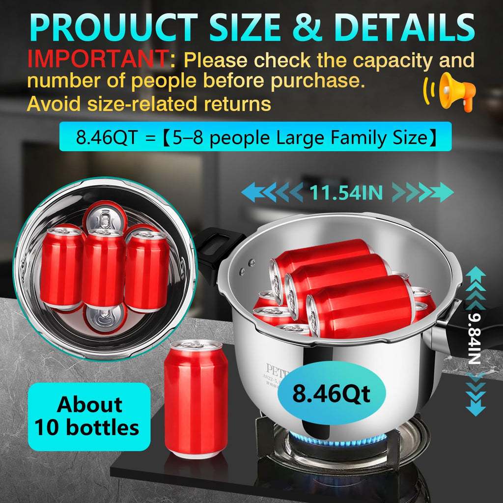 Premium 8.46 Quart Stainless Steel Pressure Cooker, Quality Crafted Kitchen Cookware, Professional Performance, Durable Design for Daily Family Cooking