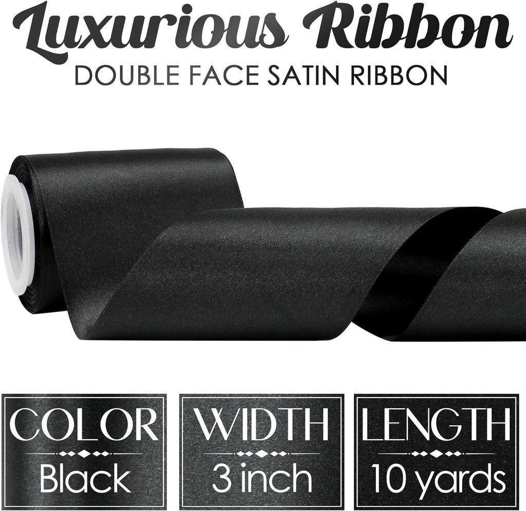 MEEDEE Black Satin Ribbon - Luxurious Double-Faced 3 Inch Wide | 10 Yards for Christmas & Halloween Decor