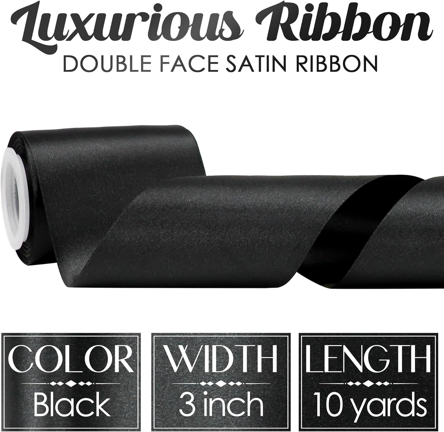 MEEDEE Black Satin Ribbon - Luxurious Double-Faced 3 Inch Wide | 10 Yards for Christmas & Halloween Decor