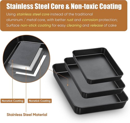 E-far Nonstick Baking Pans Set of 3 - Rectangle Stainless Steel Sheet Cake Pans | 12.5/10.5/9.4 Inch, Black Bakeware for Healthy Brownies, Lasagna & Casseroles