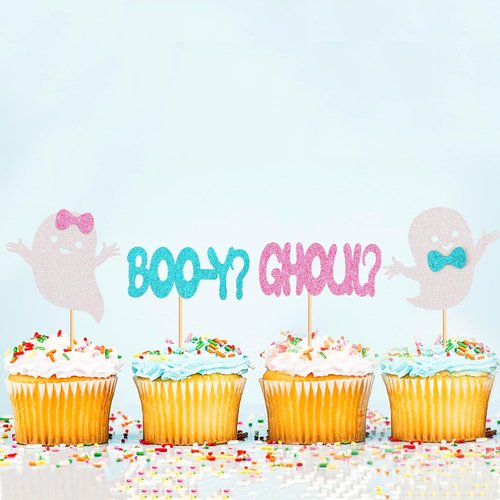 Ercadio 24 Pack Halloween Cupcake Toppers - Glitter Ghost Picks for Baby Showers & Gender Reveals