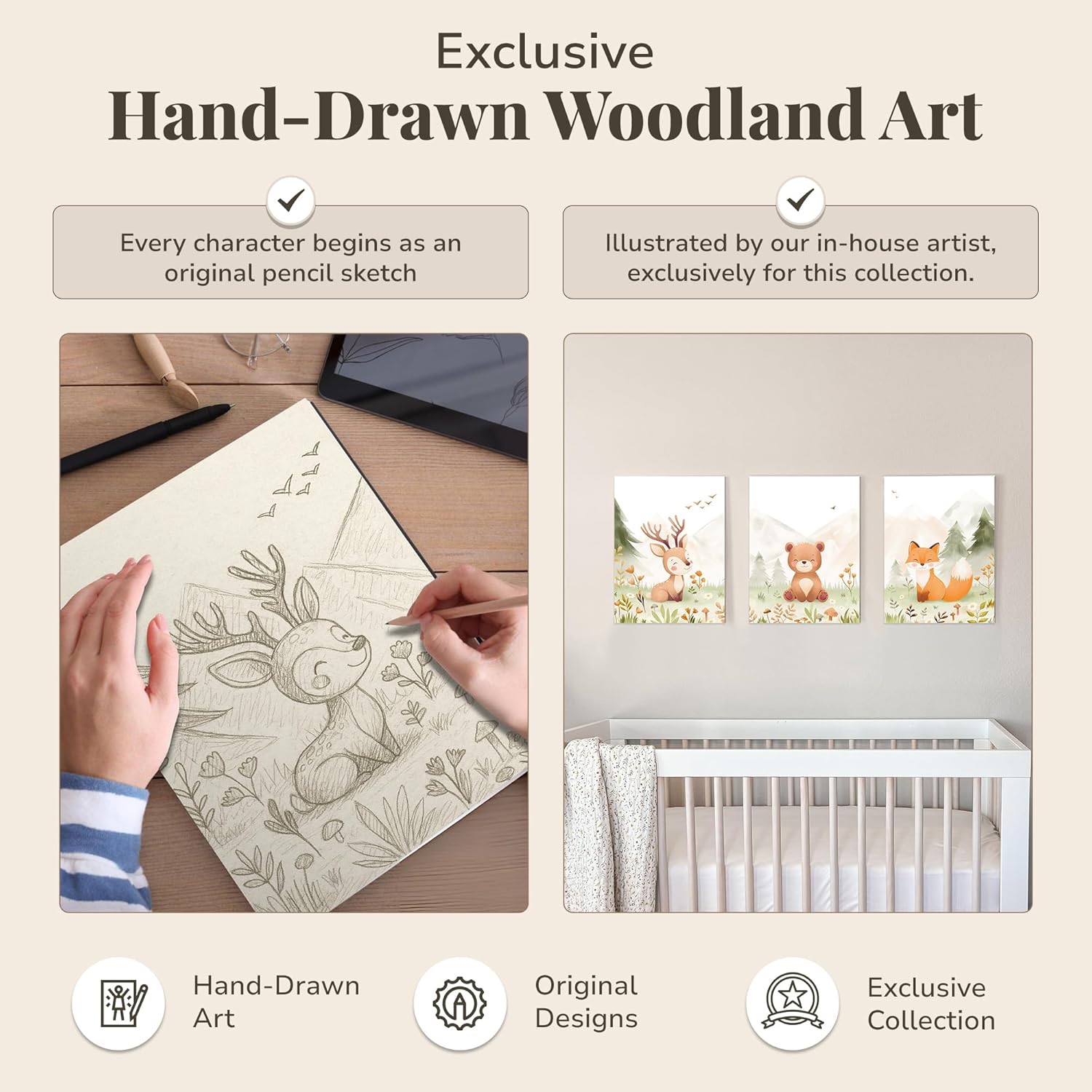 Woodland Nursery Wall Art - Set of 3 Neutral Animal Canvas Prints | 12x16 Inch Framed Decor for Baby Rooms