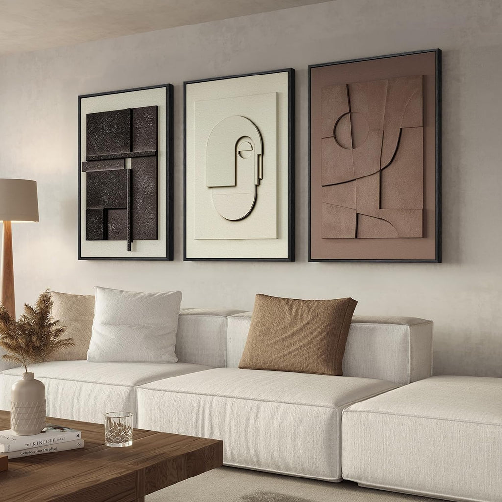 Skiennix 3D Textured Framed Abstract Wall Art - Modern 3-Piece Paintings for Living Room | Black, White, Brown, 24x36 In