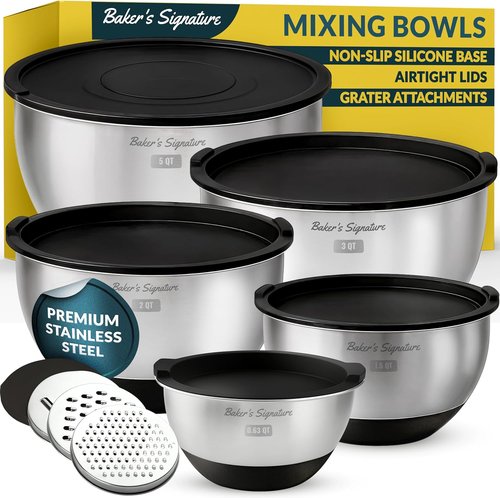 Baker's Signature Stainless Steel Mixing Bowls Set - 5 Sizes with Airtight Lids & Non-Slip Base | Black