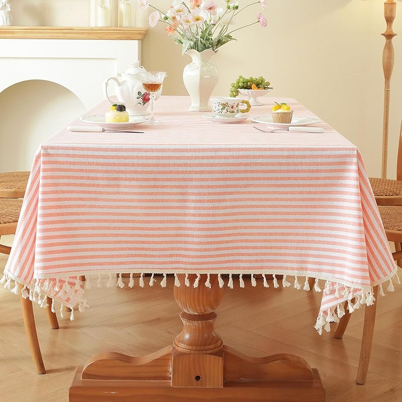 Meioro Orange & White Striped Cotton Tablecloth 39x55 Inch — Rectangular with Tassel Fringe (Variation: Bright Orange + 55x39)