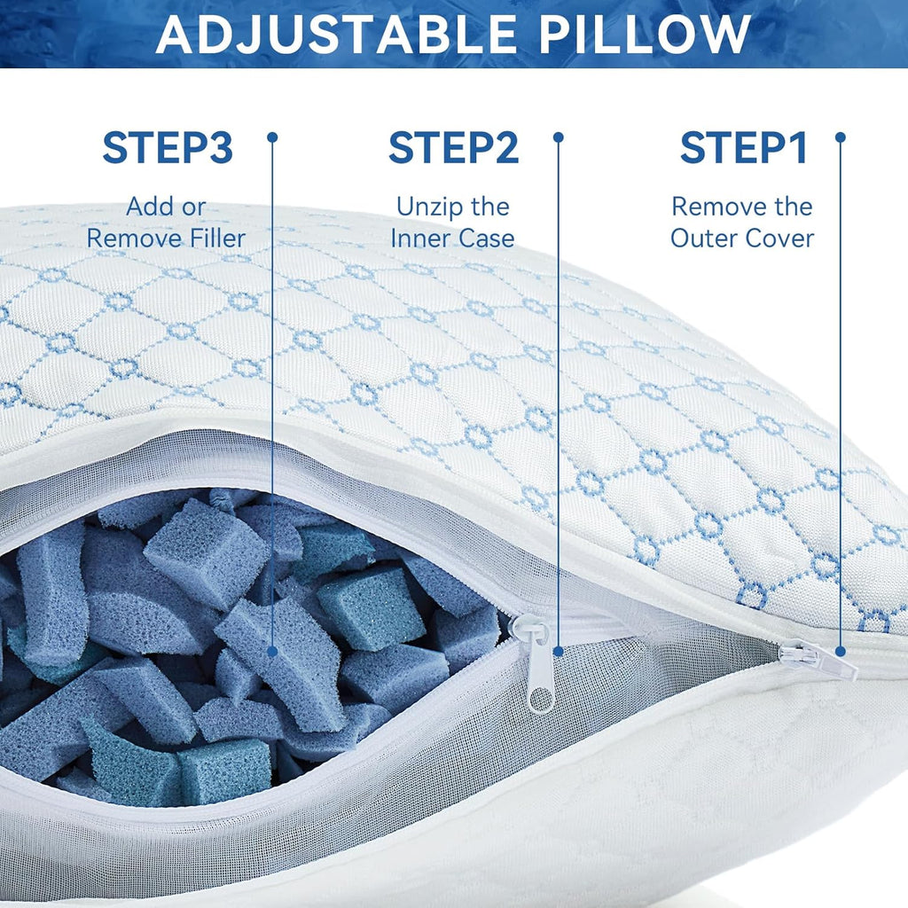 Skiennix Cooling Bed Pillows - Adjustable Shredded Memory Foam for Neck Support | Queen Size 2-Pack
