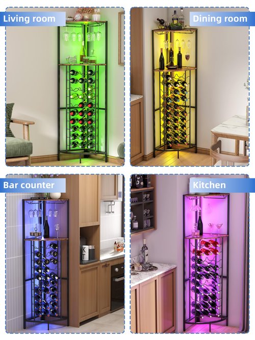 Qriocioa Corner Wine Rack with Led Strip Light Freestanding Floor with Wine Glass Holder 30 Bottle Wine Holder Rack Industrial Corner Liquor Cabinet Bar for Home Bar Kitchen Living Room (Rustic Brown)