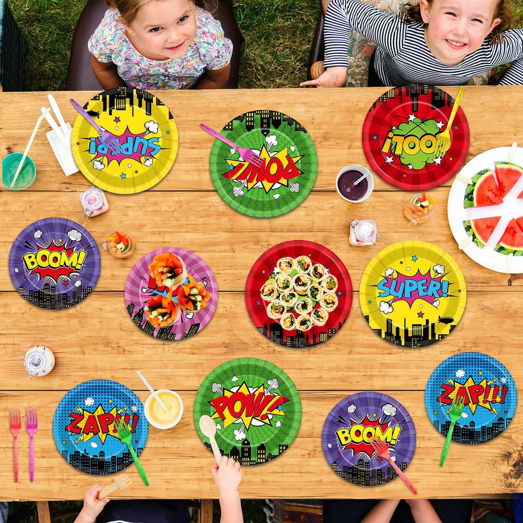 96Pcs Super Theme Hero Party Plates and Napkins Forks for Comic Heroes Birthday Decorations Hero's Action Sign Cityscape Buildings Tableware Set for 24 Guests Birthday Party Supplies Favors