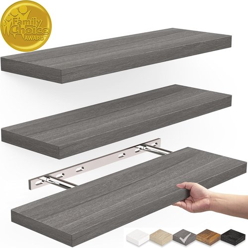 BAYKA Floating Shelves - Rustic Wall-Mounted Wood Shelves for Home Decor | Set of 3, 15.7in, Grey, 22lbs Capacity