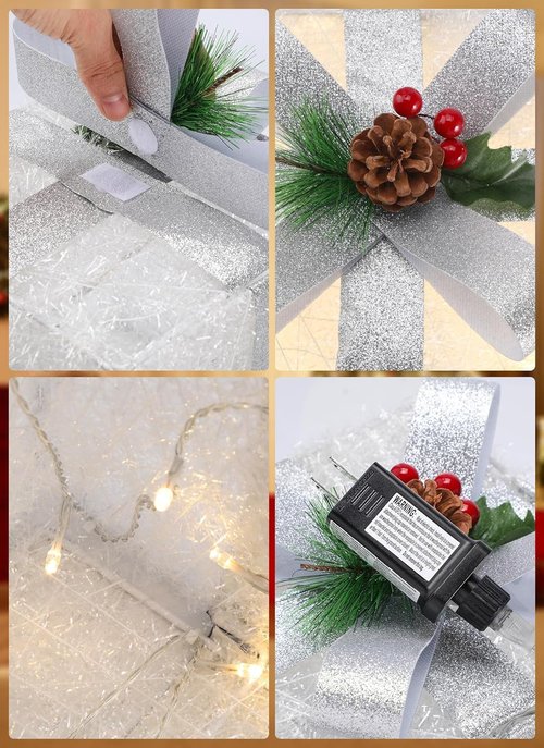 Brightown 3 Pieces Lighted Gift Boxes Outdoor Christmas Decorations, 12" 10" 8" with 60 Pre-Lit Mini String Lights，Foldable LED Boxes with Bows for Tree Indoor Outdoor Party Yard Home Decor
