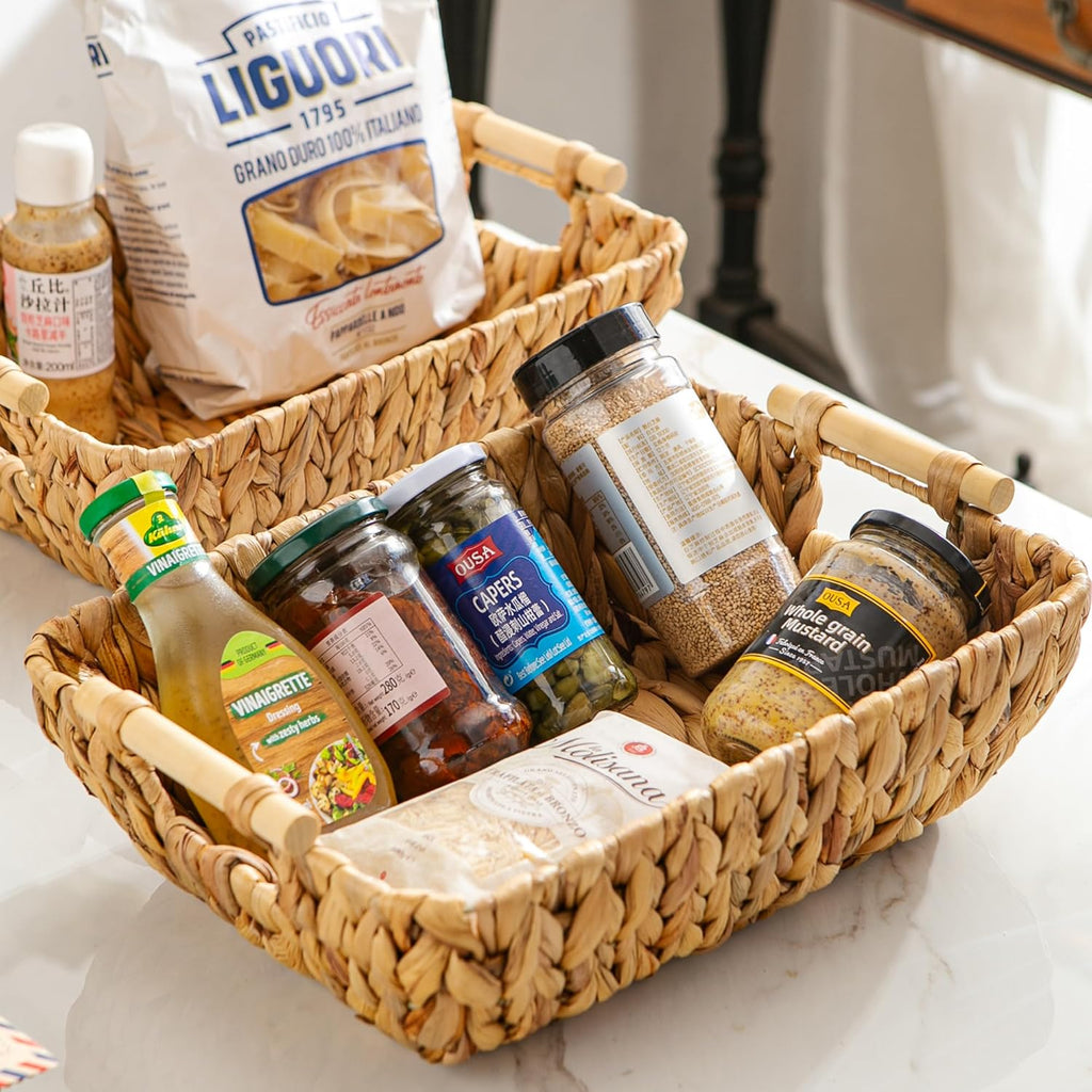 Mowtanco Woven Storage Baskets - Handwoven Water Hyacinth Baskets with Wooden Handles | Set of 2 Medium