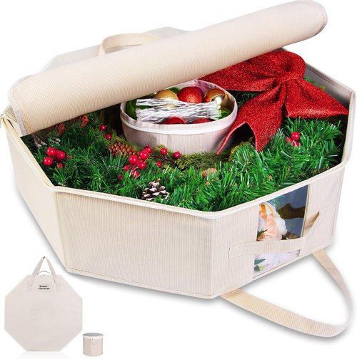 BrilliantJo Wreath Storage Case - Hard Shell Christmas Decoration Bag with Pockets | 24 Inch Houndstooth Design