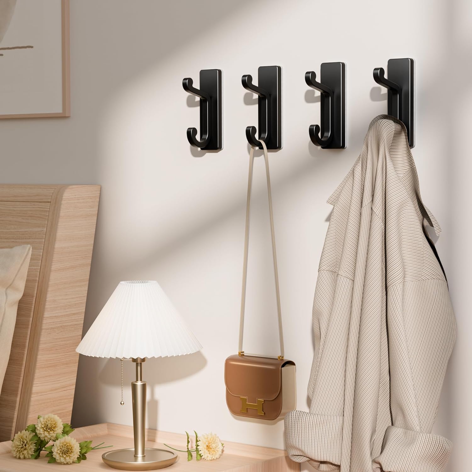 Skiennix Self-Adhesive Wall Hooks - Heavy-Duty Sticky Hangers for Clothes & Towels | 4 Pack, Black