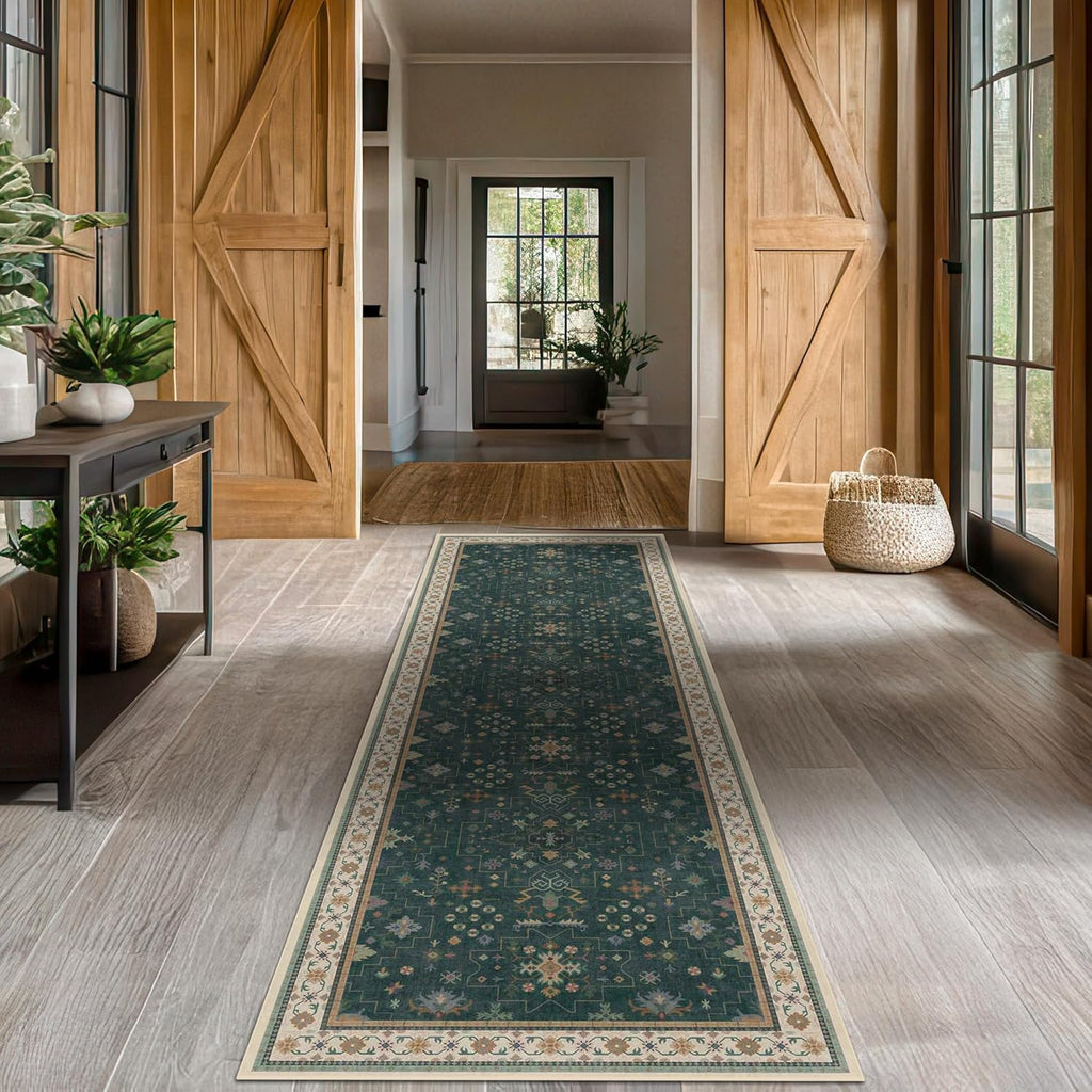 Regine Switzerland Dark Green Washable Runner Rug - 2'6"x10' Non-Skid Indoor Carpet for Hallway & Entryway