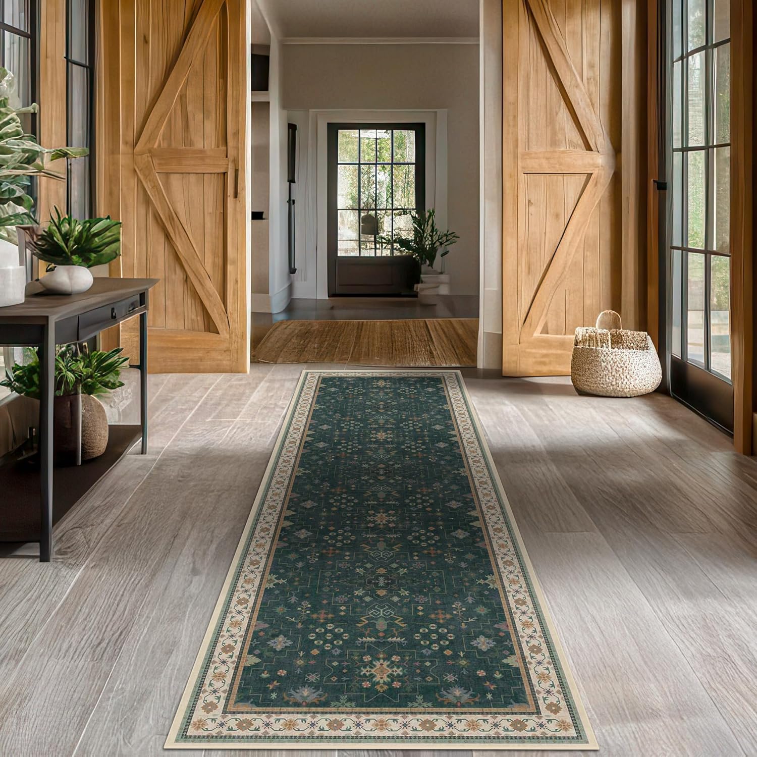 Regine Switzerland Dark Green Washable Runner Rug - 2'6"x10' Non-Skid Indoor Carpet for Hallway & Entryway