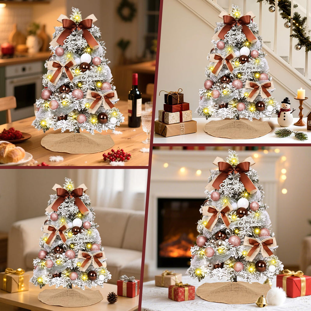 Uspring 2Ft Flocked Small Christmas Tree with Lights, Artificial Table Top Christmas Tree with 62 Pre-Decorated Ornaments, Full Mini Xmas Trees for Indoor Holiday Decor