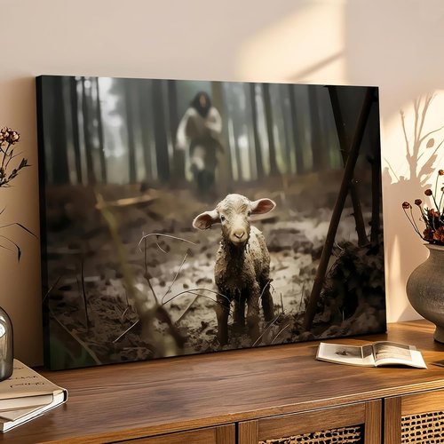 Framed Jesus Christ Wall Art - Canvas Painting of Jesus and Lamb | Biblical Decor for Churches & Prayer Rooms - 12" x 16"