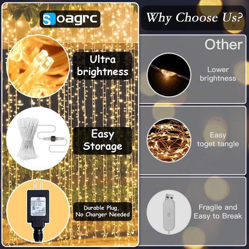 200 LED Curtain String Lights - Waterproof Fairy Lights with Timer & 8 Modes | 9.8 x 6.6FT for Indoor/Outdoor Decor