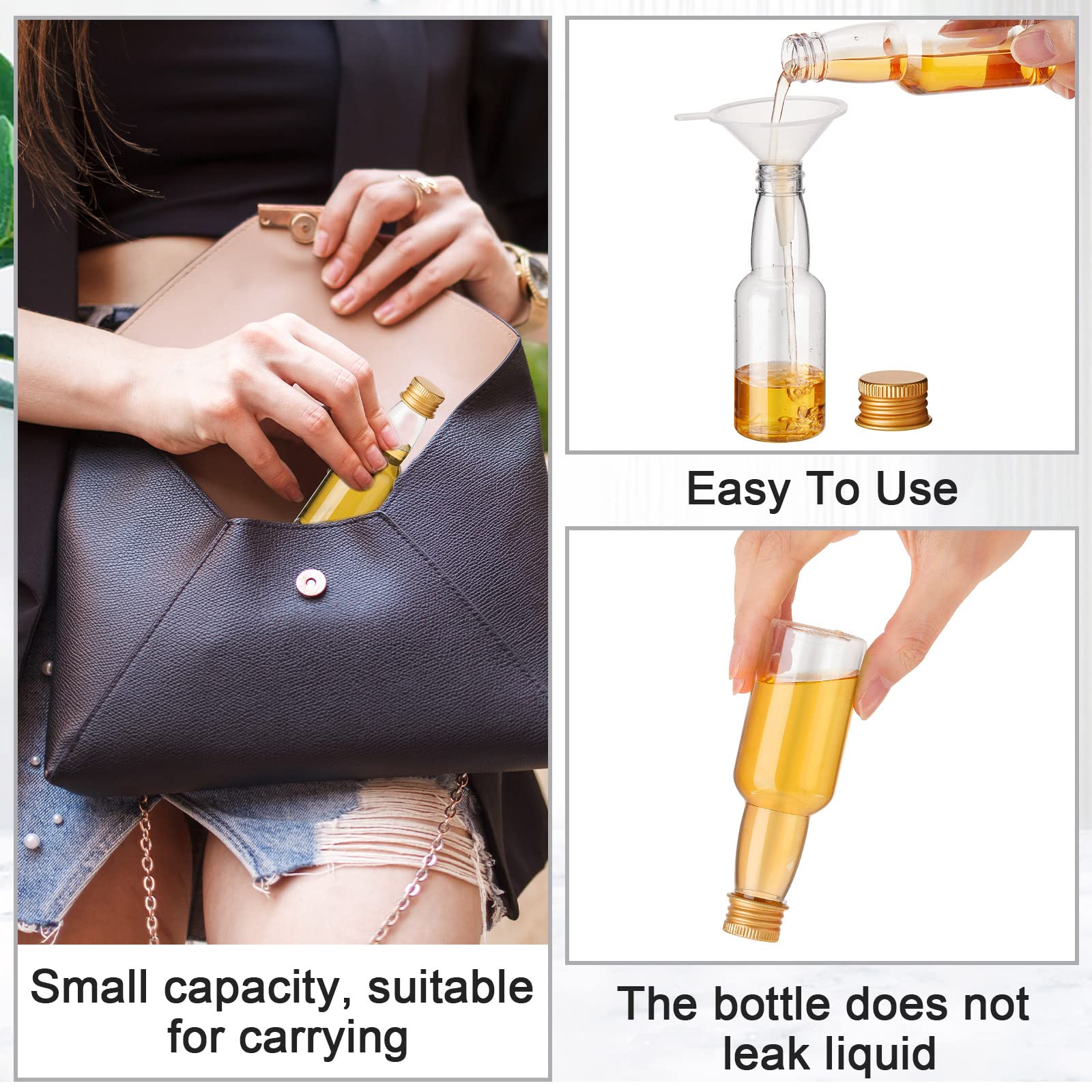 120 Pcs Mini Liquor Bottles Airtight Shot Miniature Empty Plastic Alcohol Spirit Shot Bottles with Funnels for Party Favors, Weddings(2 oz,Gold)
