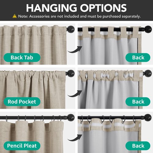 Deconovo Faux Linen 100% Blackout Curtains with Hidden Tabs & Pleat Tape, Tiebacks Included, Thermal Insulated Noise-Reducing Drapes for Bedroom & Living Room, Dark Beige, 50W x 108L, 2 Panels