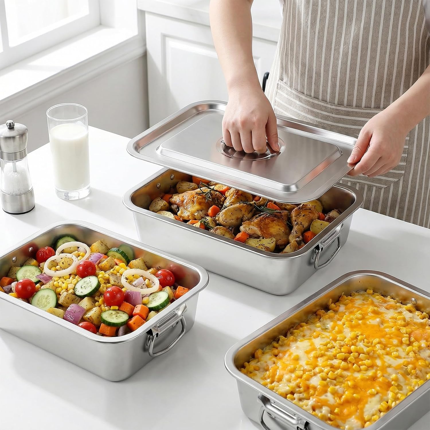 Stainless Steel Lasagna Pan by [Brand Name] - 4 Inch Extra Deep with Lid & Handles | 14x10.6 Inch Nonstick Roasting Dish