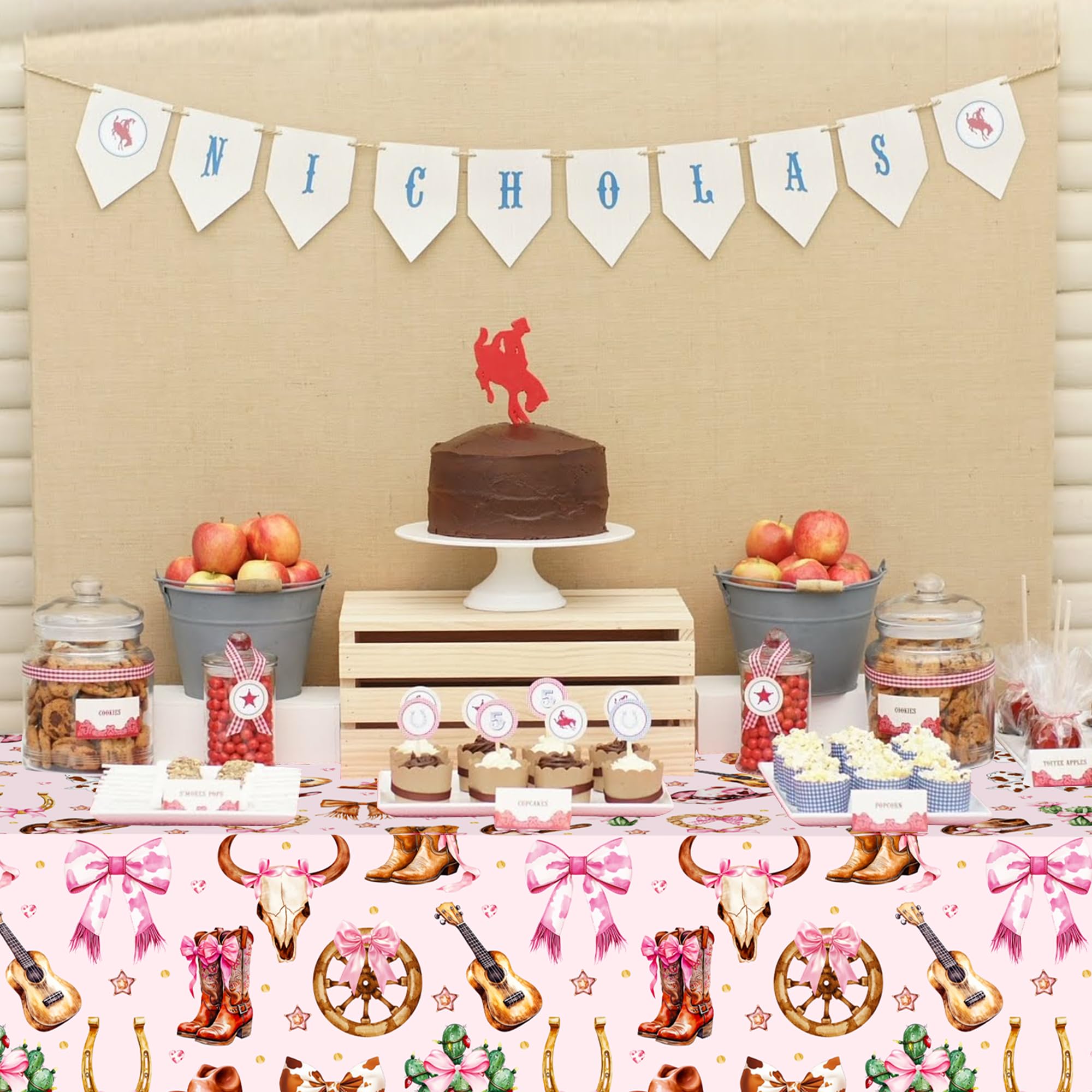 umoni Cowgirl Party Supplies Pink Western Cowgirl Tablecloth 2PCS Coquette Cowgirl Party Supplies Tablecover Disposable Wild West Guitar Bow and Boot Table Cover for Birthday Baby Shower Decor