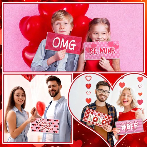24 Designs Valentines Photo Booth Props Double Sided 11x5.5 Inch Valentine's Day Party Decorations for Photoshoot Photo Booth Props Waterproof Selfie Signs PVC for Galentines Wedding Party Supplies