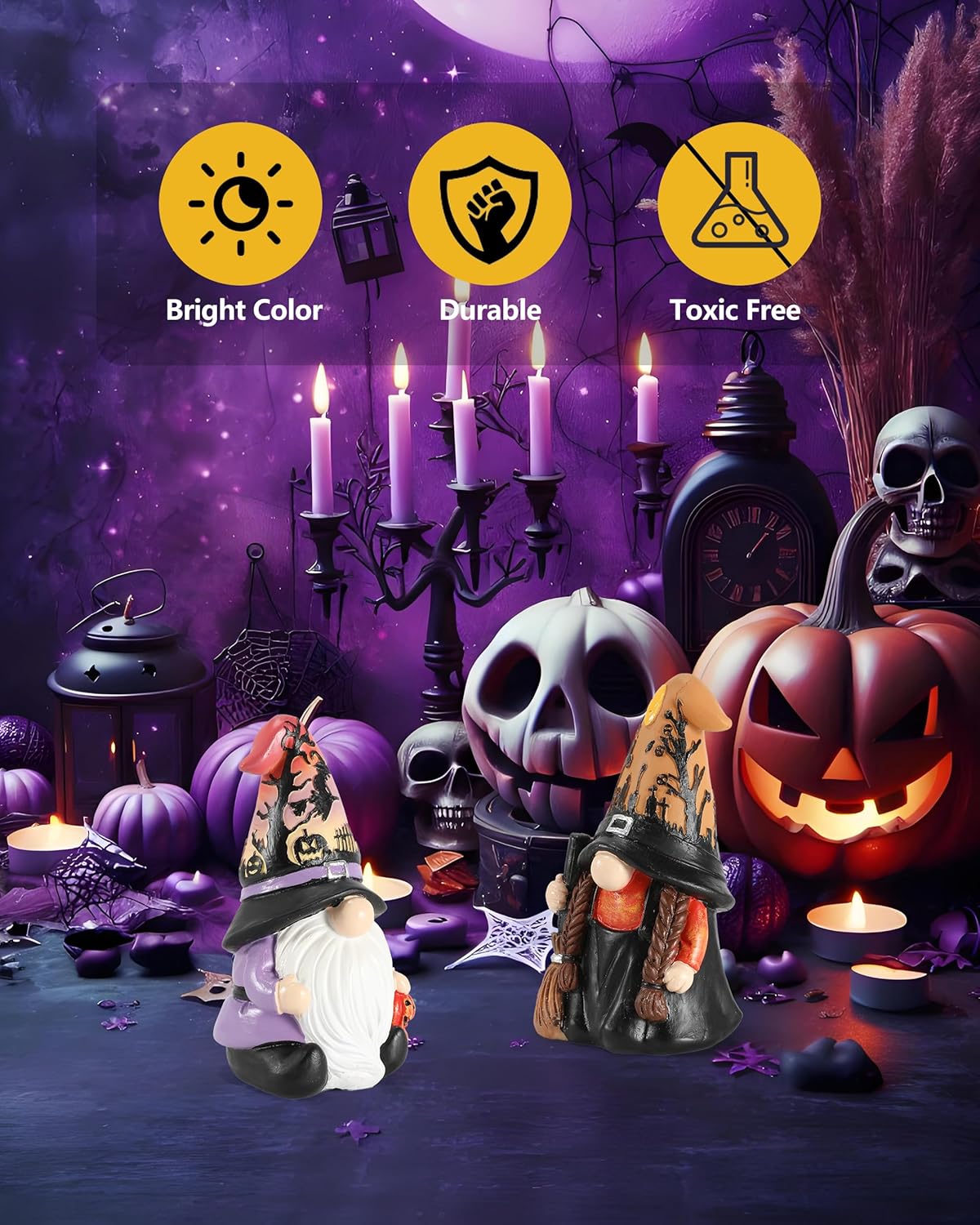 Regine Halloween Gnomes & Witch Figurines - 2-Pack Illuminated Fall Gnome Ornaments - 4.5'' Resin Indoor Decor