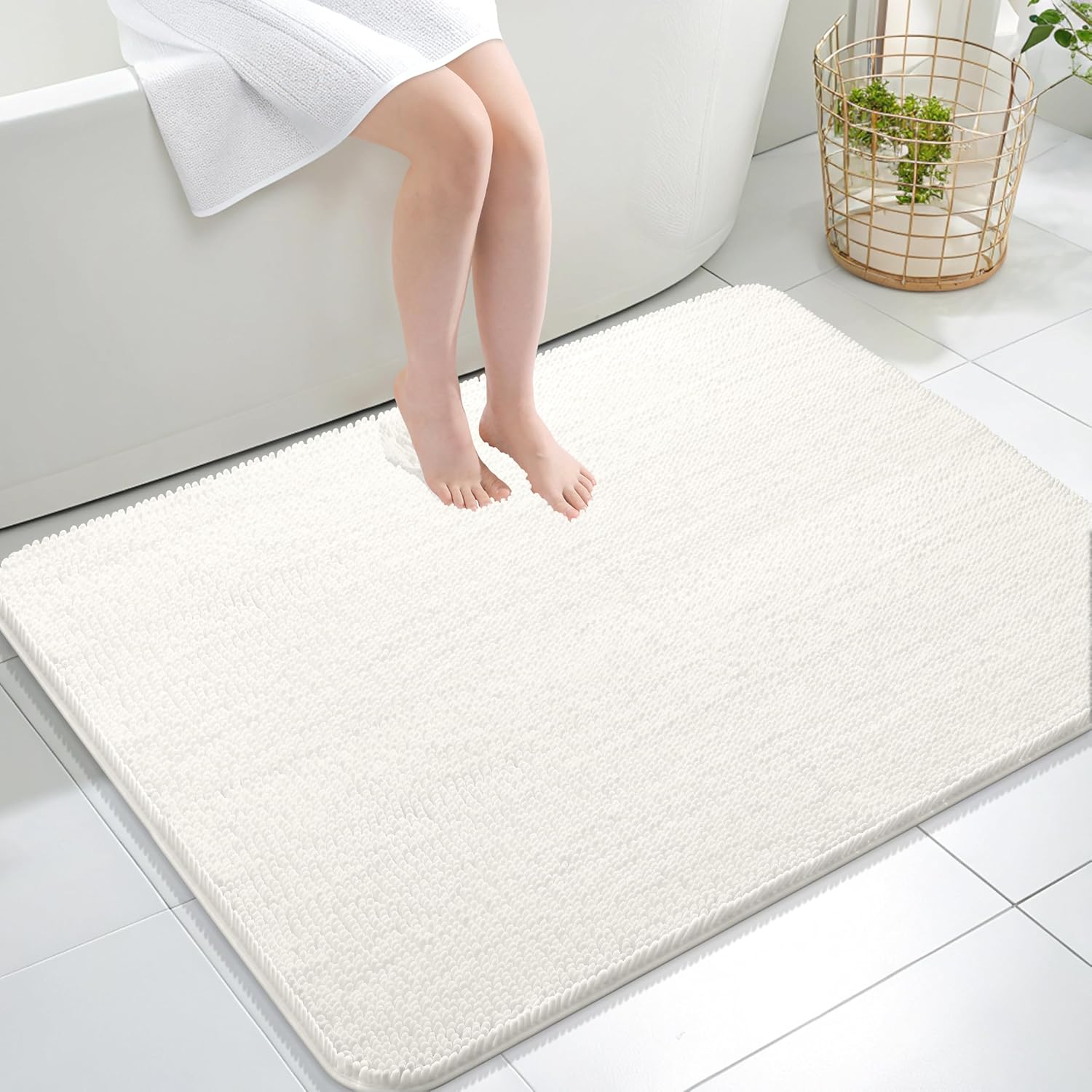 OLANLY Large Bath Rugs - Extra Soft Chenille with Quick-Dry Rubber Backing | 40x32 Inches, Ivory