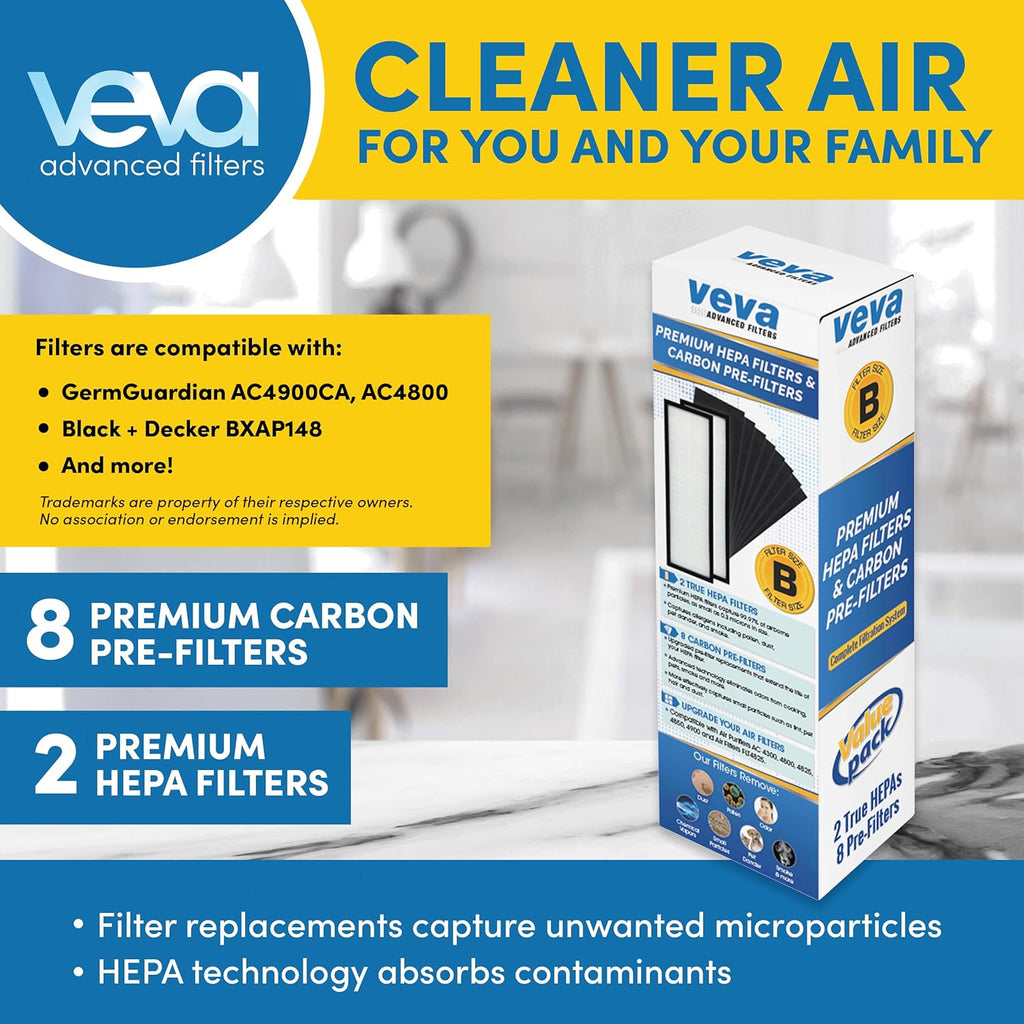 Veva HEPA Filter B - Compatible Replacement for Germ Guardian AC4825 | Pack of 2 HEPA Filters & 8 Carbon Pre-Filters