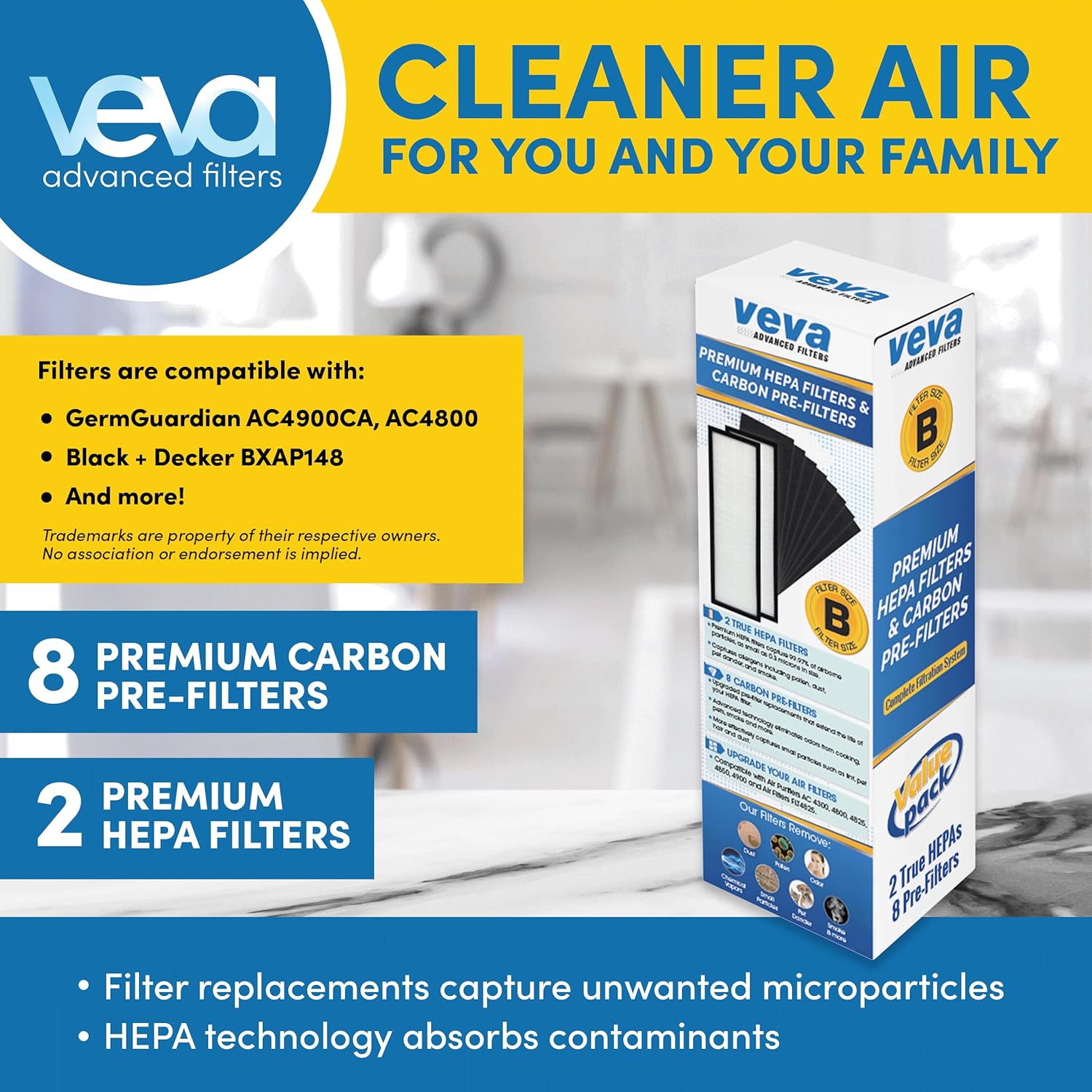 Veva HEPA Filter B - Compatible Replacement for Germ Guardian AC4825 | Pack of 2 HEPA Filters & 8 Carbon Pre-Filters