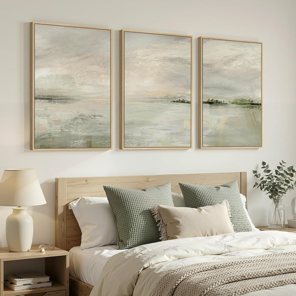 Skiennix Large Framed Sage Green Abstract Landscape Wall Art - 3 Piece Modern Canvas Prints | 24x36 In for Living Room & Office Decor