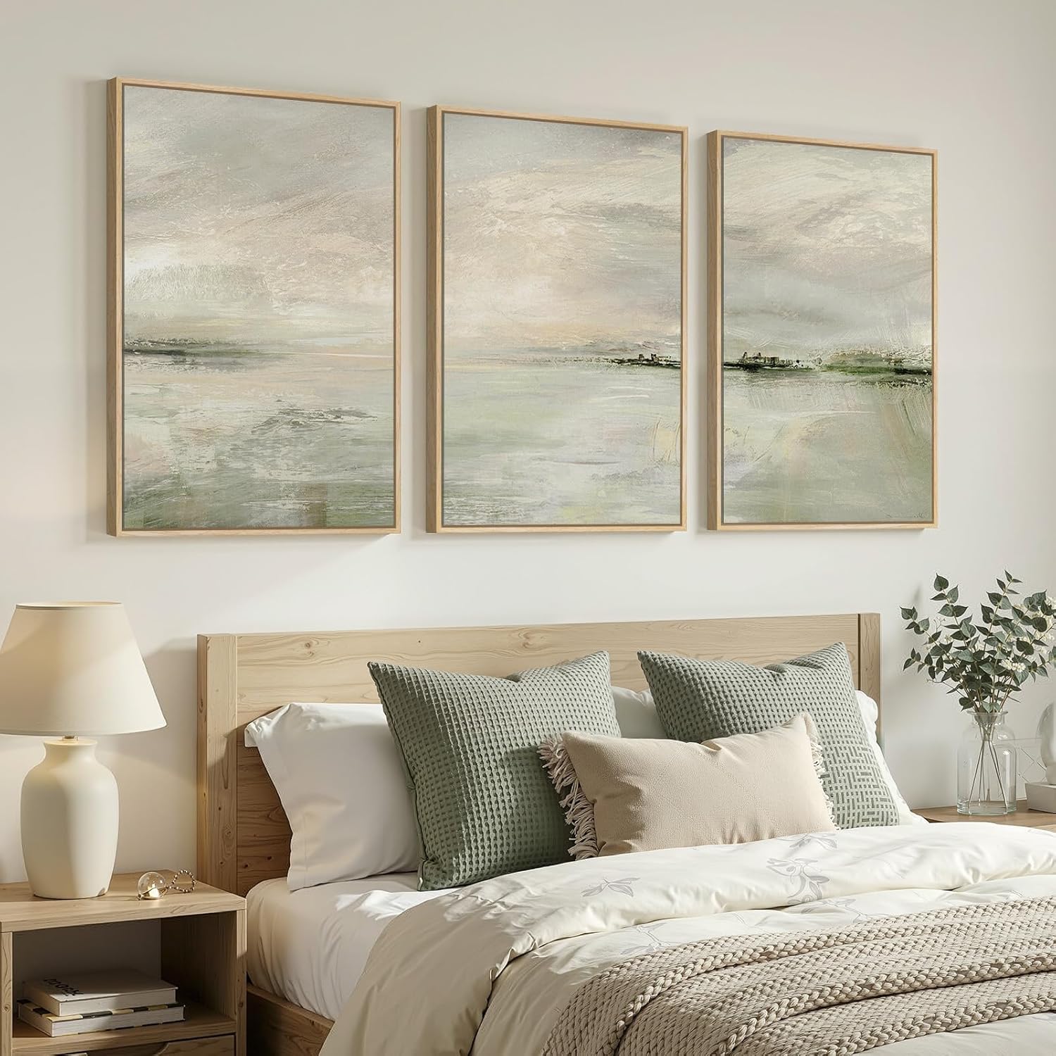 Skiennix Large Framed Sage Green Abstract Landscape Wall Art - 3 Piece Modern Canvas Prints | 24x36 In for Living Room & Office Decor