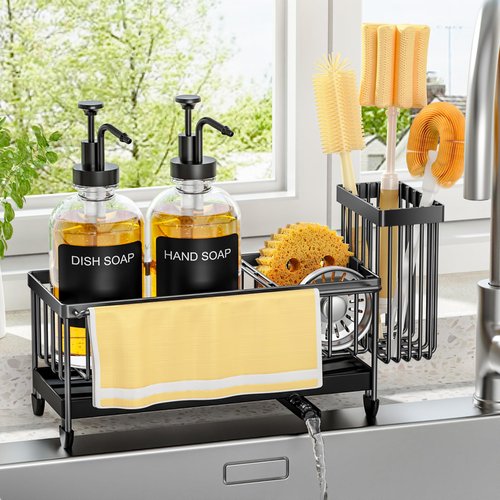 Kitchen Soap Dispenser Set with Sponge Holder and Towel Rack, 17OZ Glass Bottle, Hand and Dish Soap Dispenser Set, Non-Slip Silicone Pad, Brush Holder, Kitchen Sink Caddy Organizer Countertop