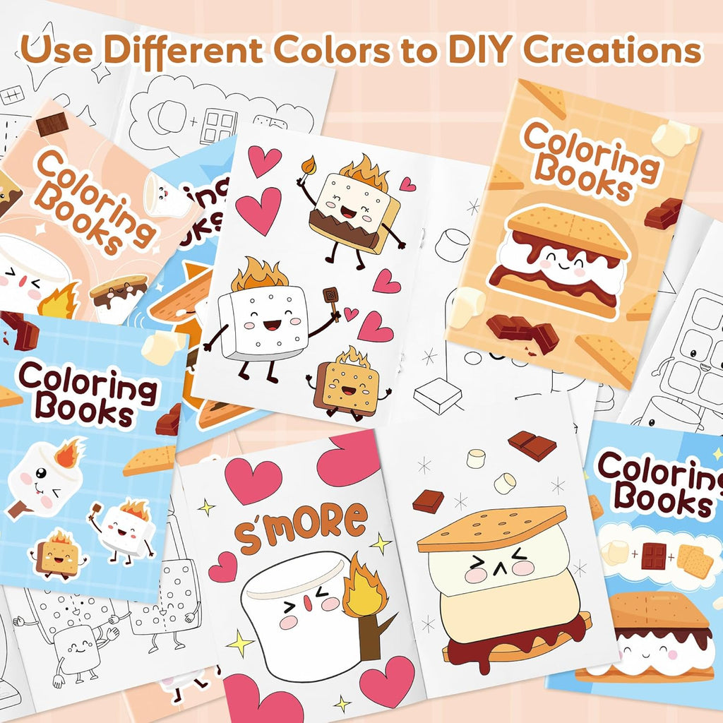 Marshmallow Mini Coloring Books - 24Pcs Campfire-Themed Art Set for Kids' Birthday Party Favors