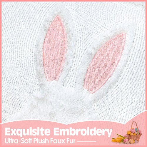 TIFFYONEK Easter Bunny Pillow Covers 18x18 Set of 2, Ultra-Soft Plush Faux Fur White Rabbit Throw Pillowcases with Pink Embroidered Ears for Spring Farmhouse Home Decor, Kids Room & Easter Gifts