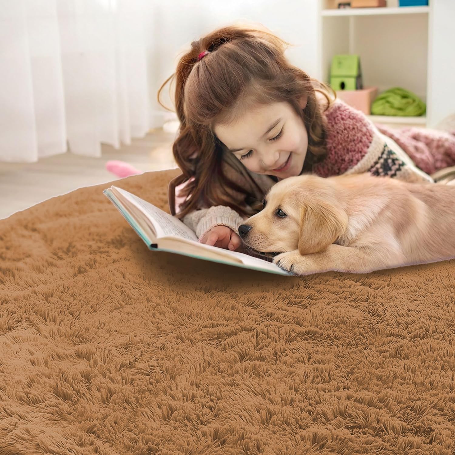 OLANLY Round Khaki Area Rug - Soft & Fluffy 6 ft Machine Washable Carpet for Bedroom & Living Room Decor