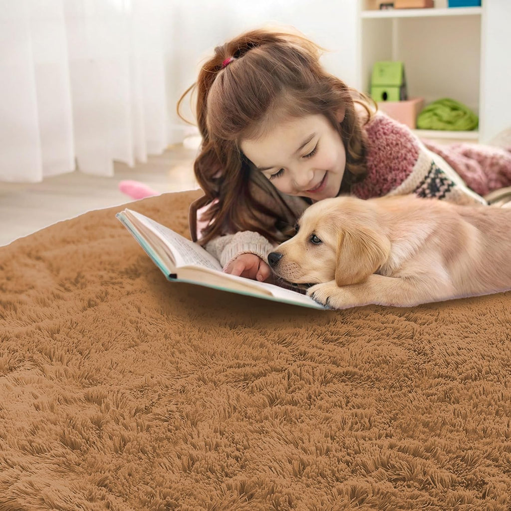 OLANLY Round Khaki Area Rug - Soft, Fluffy, Machine Washable 5 ft Circle Carpet for Bedroom & Living Room
