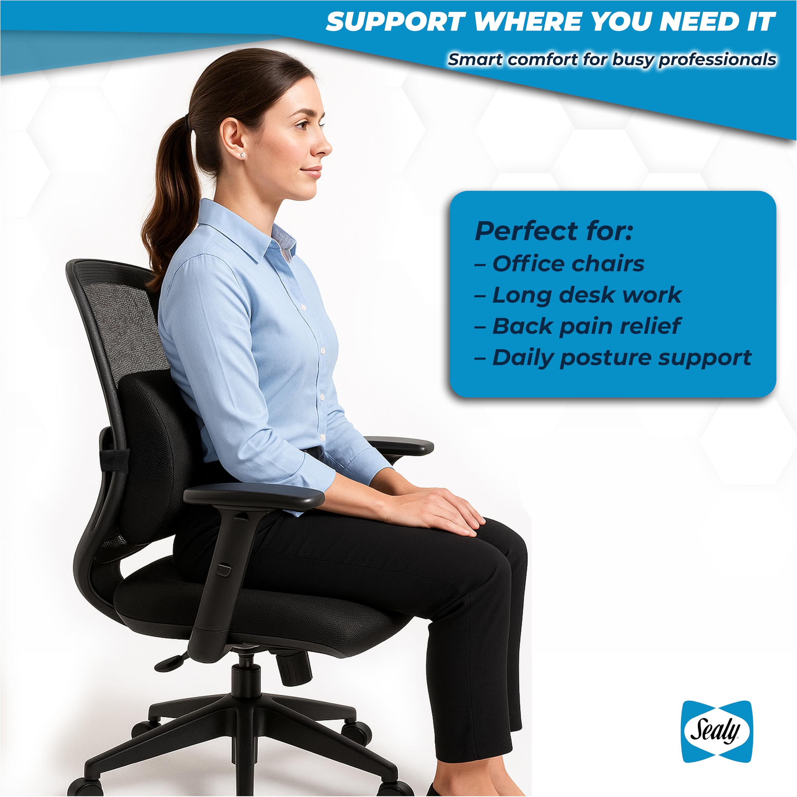 Sealy Lumbar Support Pillow for Office Chair and Car Seat - Lower Back Pain Relief, Memory Foam Lumbar Pillow & Back Brace Support Posture Corrector