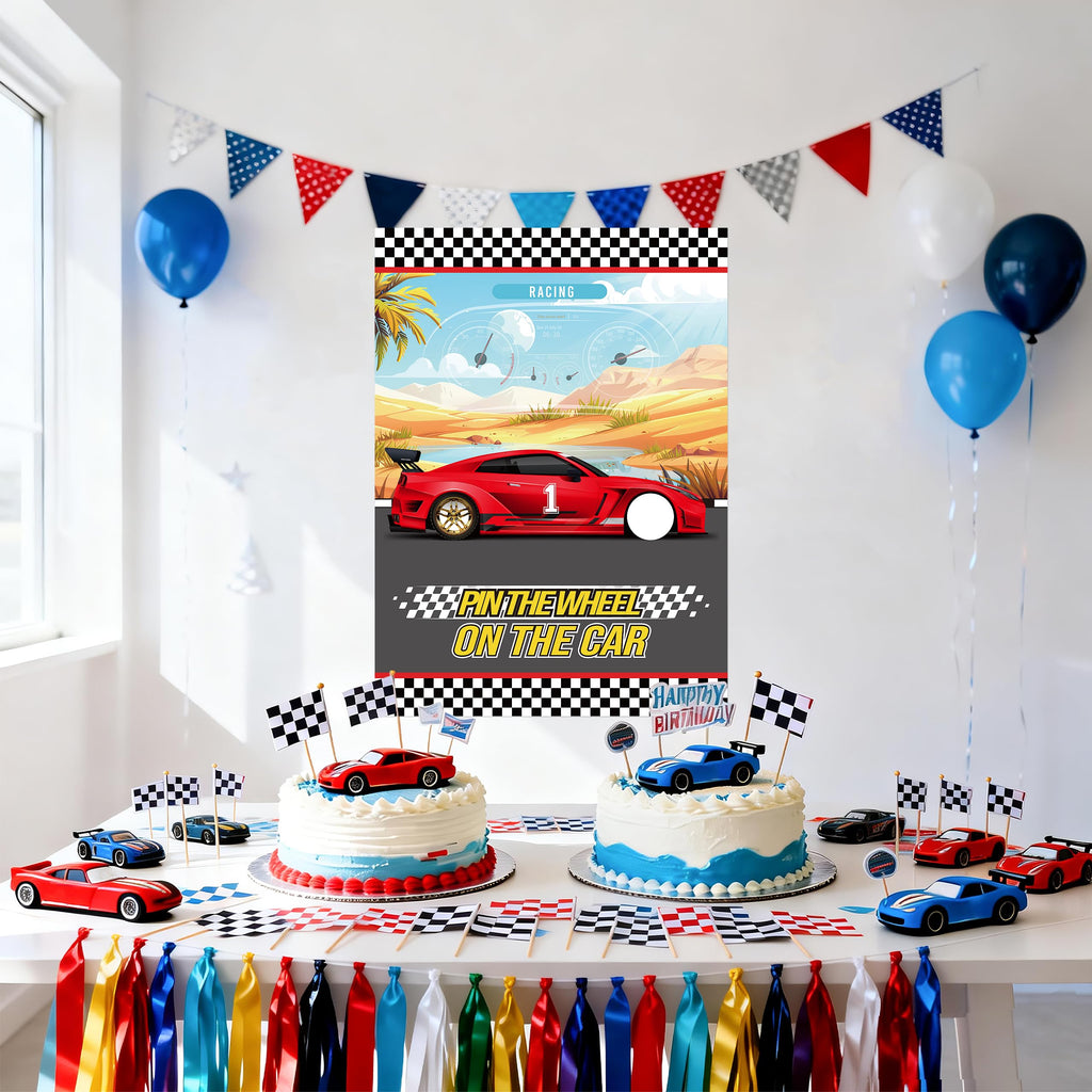 WNINK Pin The Wheels On The Car Games, Cars Party Games, Birthday Game with 30 Gold Tyres Stickers, 2 Blindfolds for Car Theme Birthday Party Racing Car Party Gifts