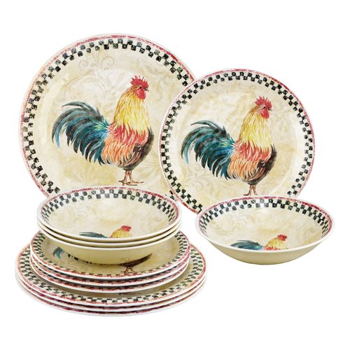 UPware 12 Piece Country Rooster Melamine Dinnerware Sets, Outdoor Dishes Set, Plates and Bowls Sets, Service for 4, Multicolor