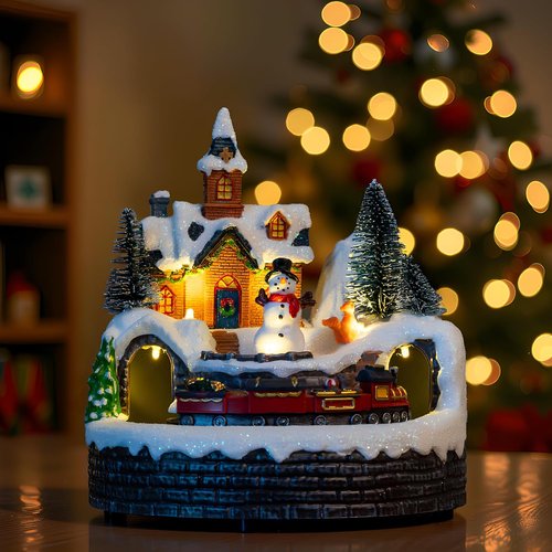 Candieslife Animated Musical Christmas Snowman Decorations - Rotating Train with Warm Lights for Holiday Cheer