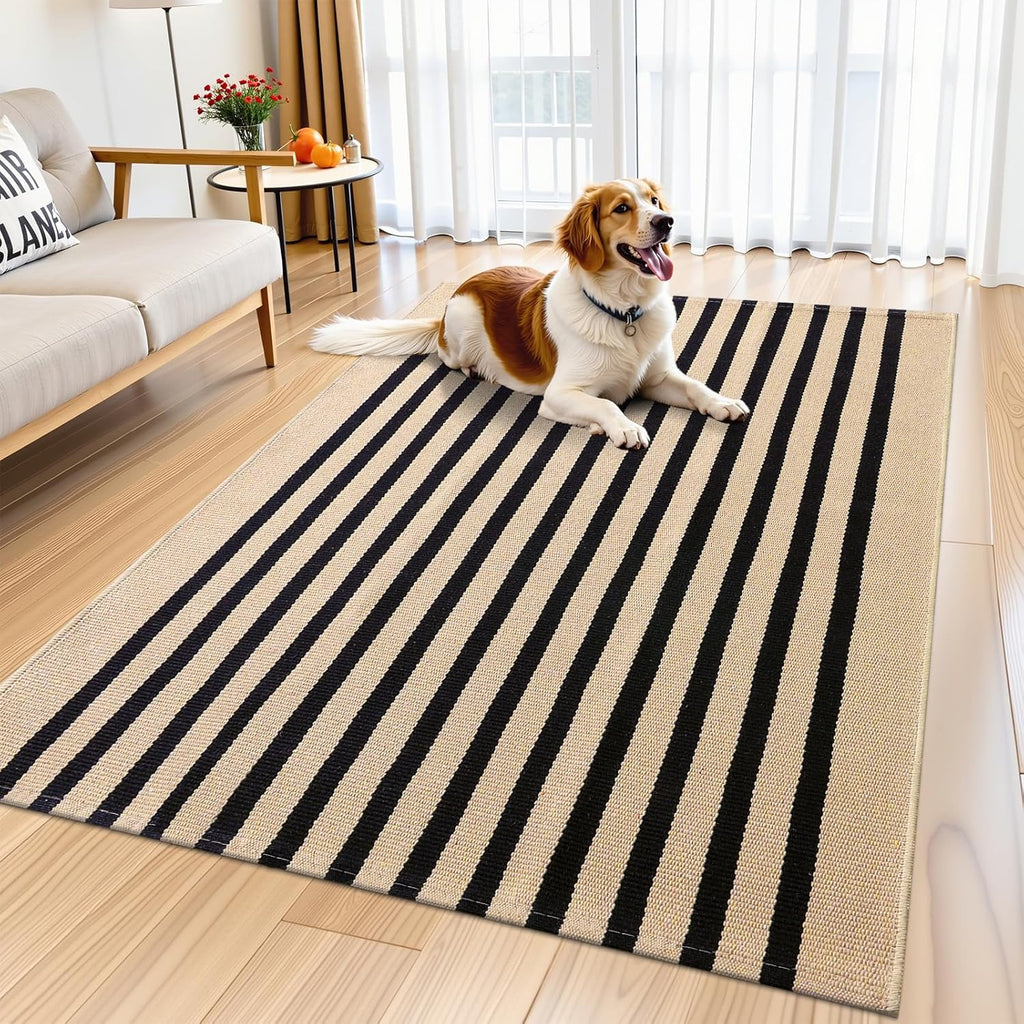OLANLY Striped Rug - Washable Brown and Black Cotton Doormat 4' x 6' for Indoor/Outdoor Use