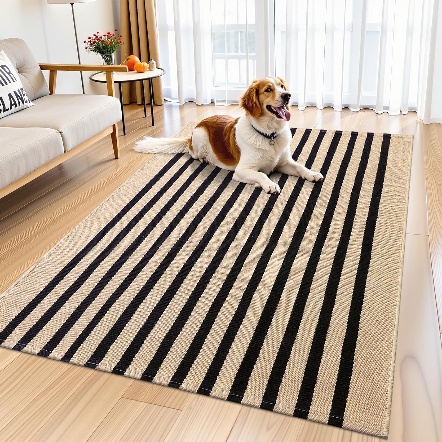 OLANLY Striped Rug - Washable Brown and Black Cotton Doormat 4' x 6' for Indoor/Outdoor Use