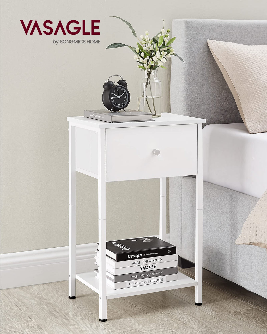 VASAGLE Nightstands, Set of 2 Side Tables with Fabric Drawer, 24-Inch Tall End Tables with Storage Shelf, Bedroom, White ULGS221W14